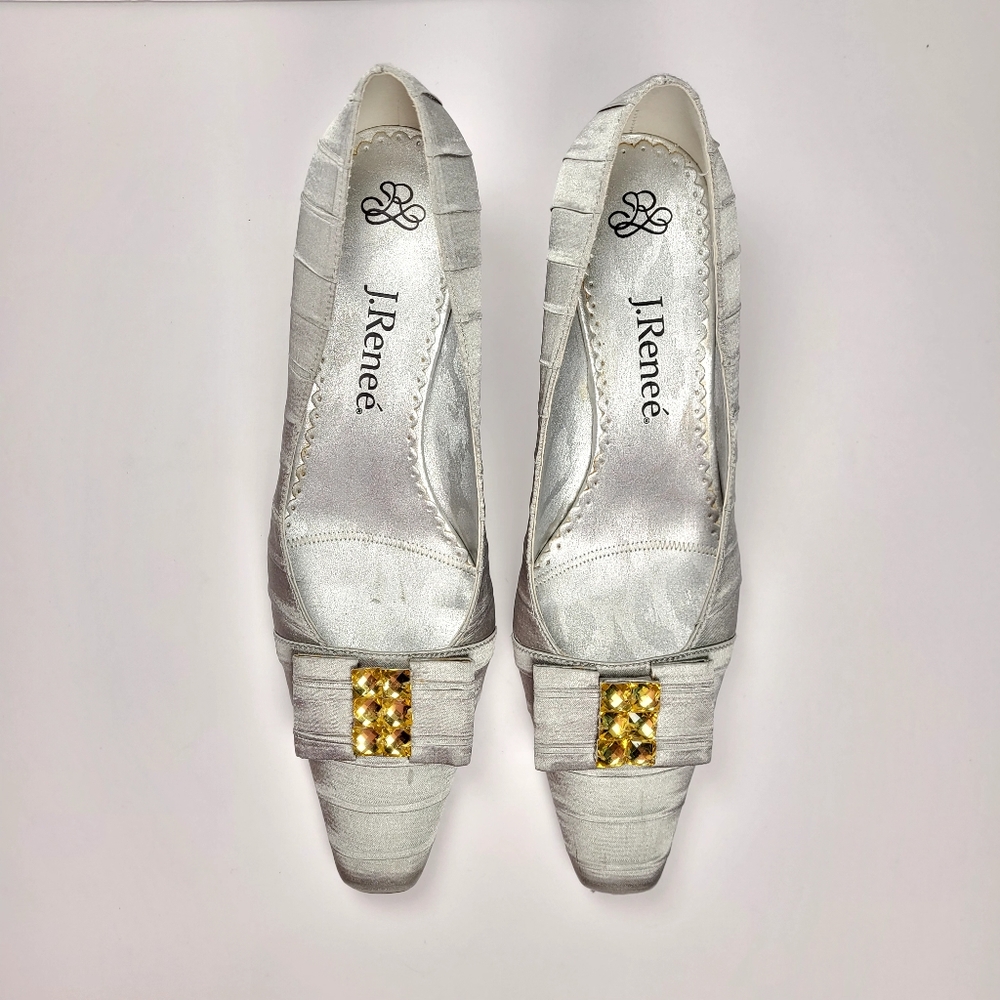 J. Renné Silver Satin Heels With Rhinestone Bow Size 7.5